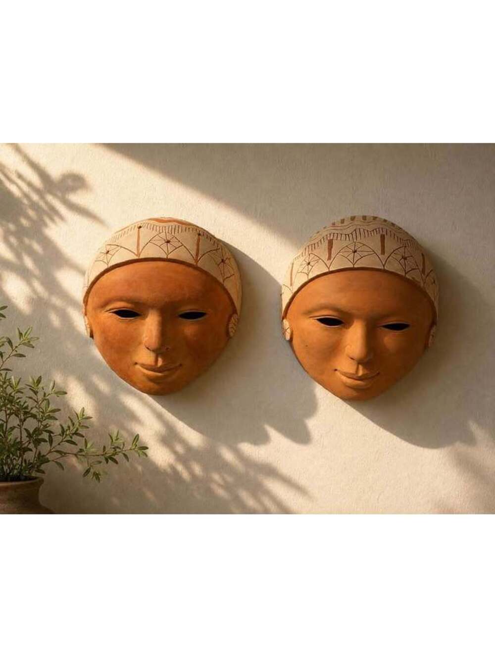 Pair Terracotta Clay Face Masks Southwestern Folk Art Wall Decor Hand Painted